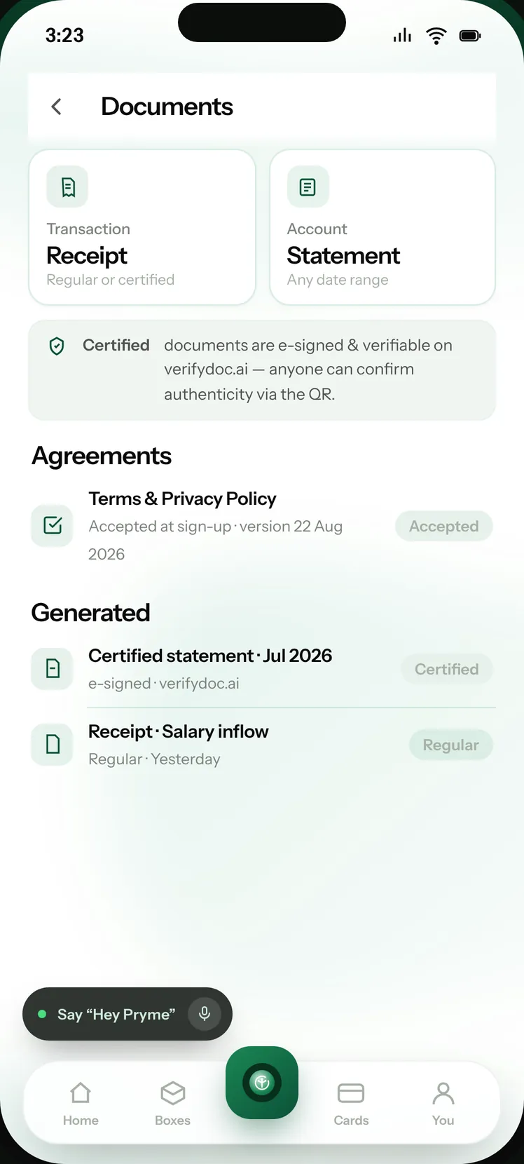 Pryme app: Receipts and statements