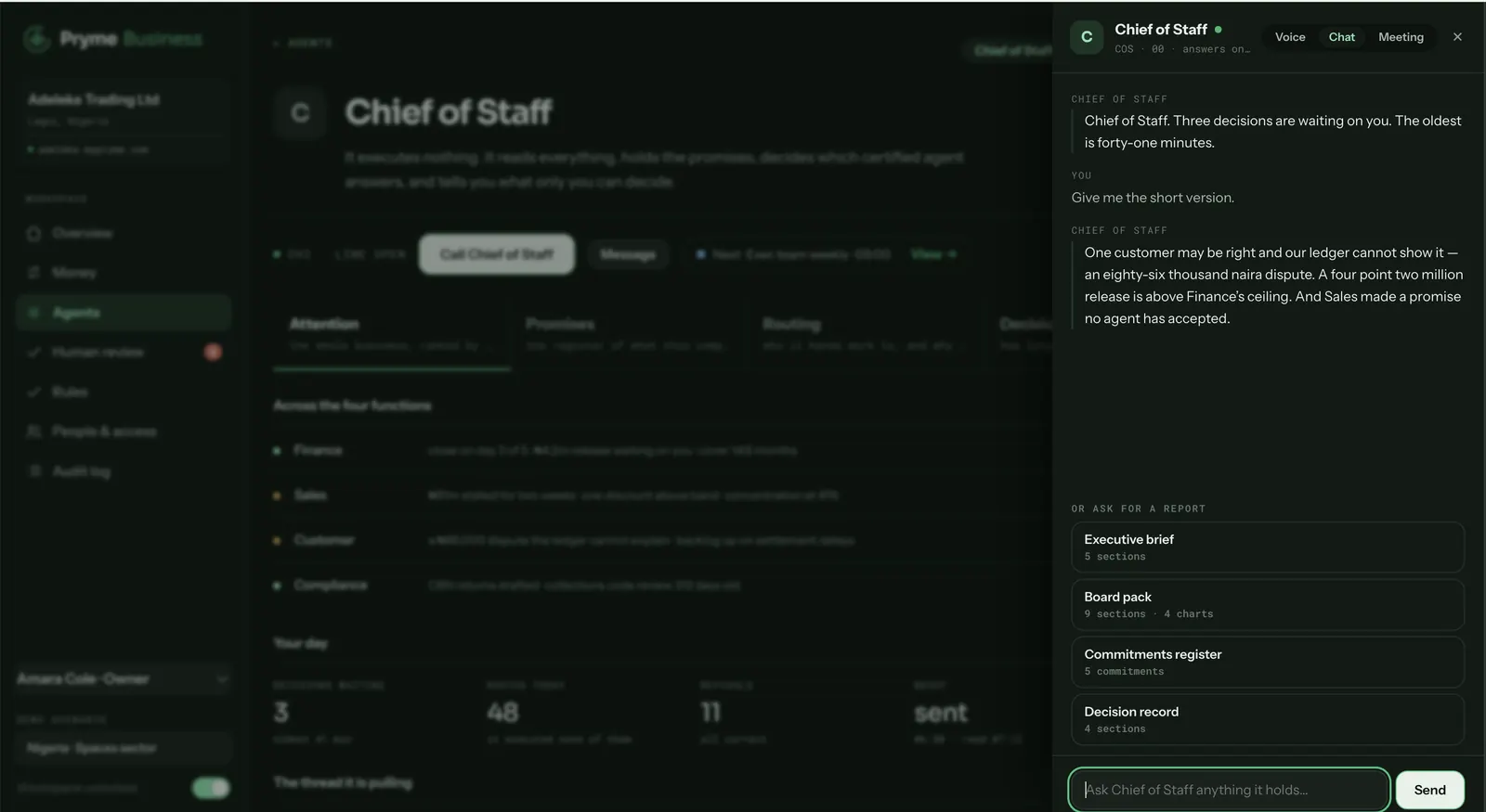 A chat with the Chief of Staff agent summarising three waiting decisions, with report options beneath