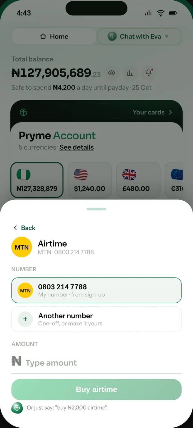 The Pryme app, on the airtime screen