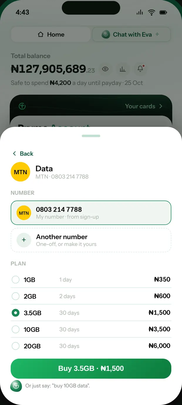 The Pryme app, on the data screen