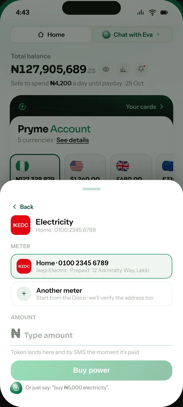 The Pryme app, on the electricity screen