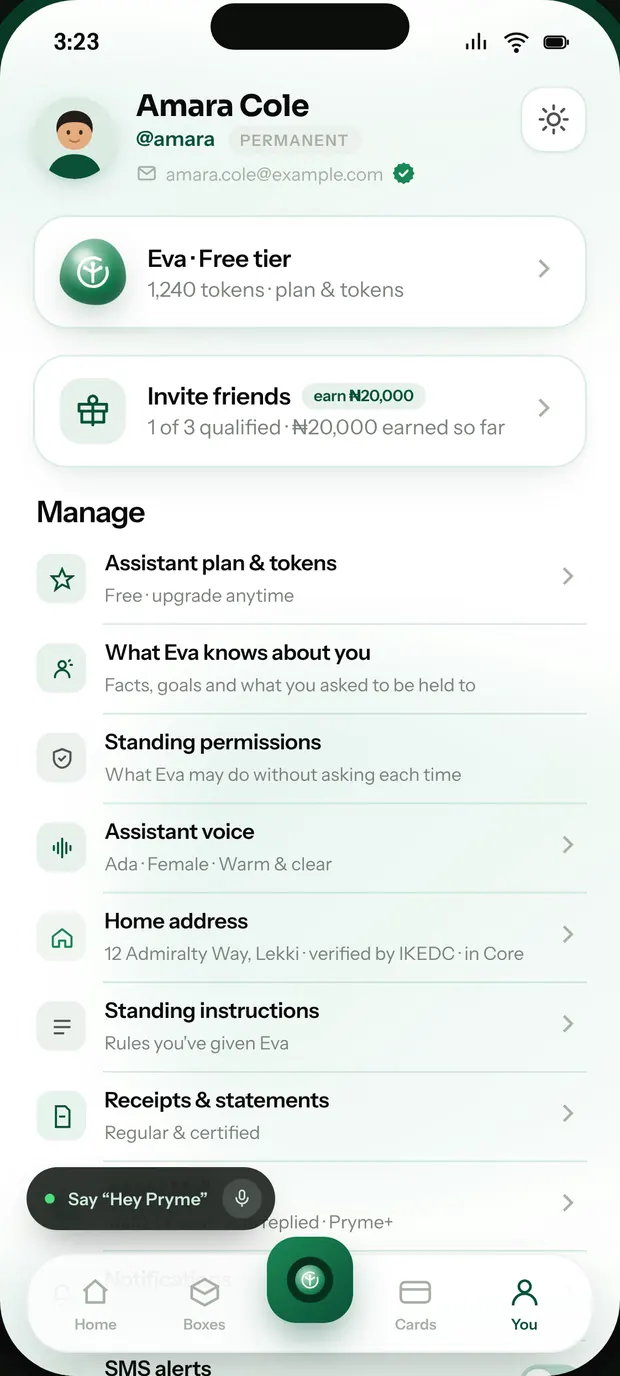 The Pryme app, on the what eva may do screen