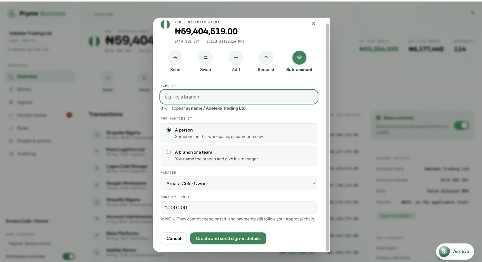 The Multi-Account agent in the Pryme Business workspace, on the sub-account register