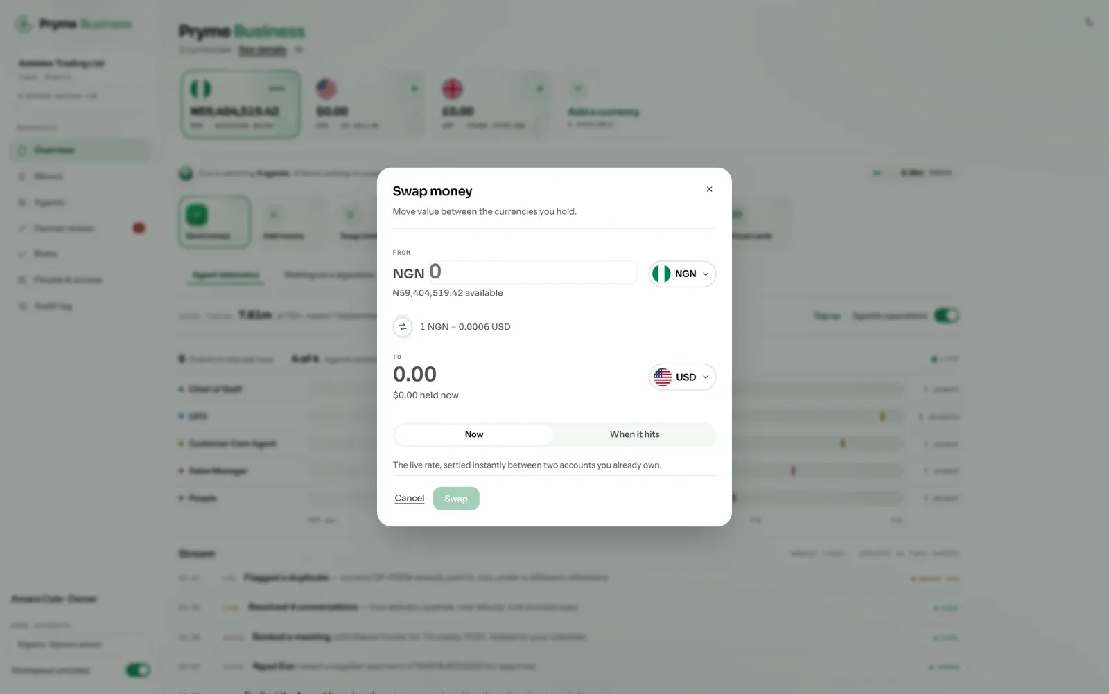 The Pryme Business agent in the Pryme Business workspace, on the swap register