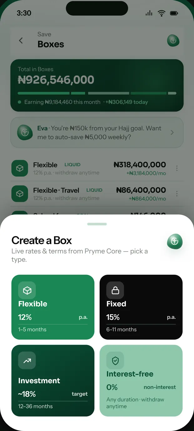 The Pryme app, on the open a box screen