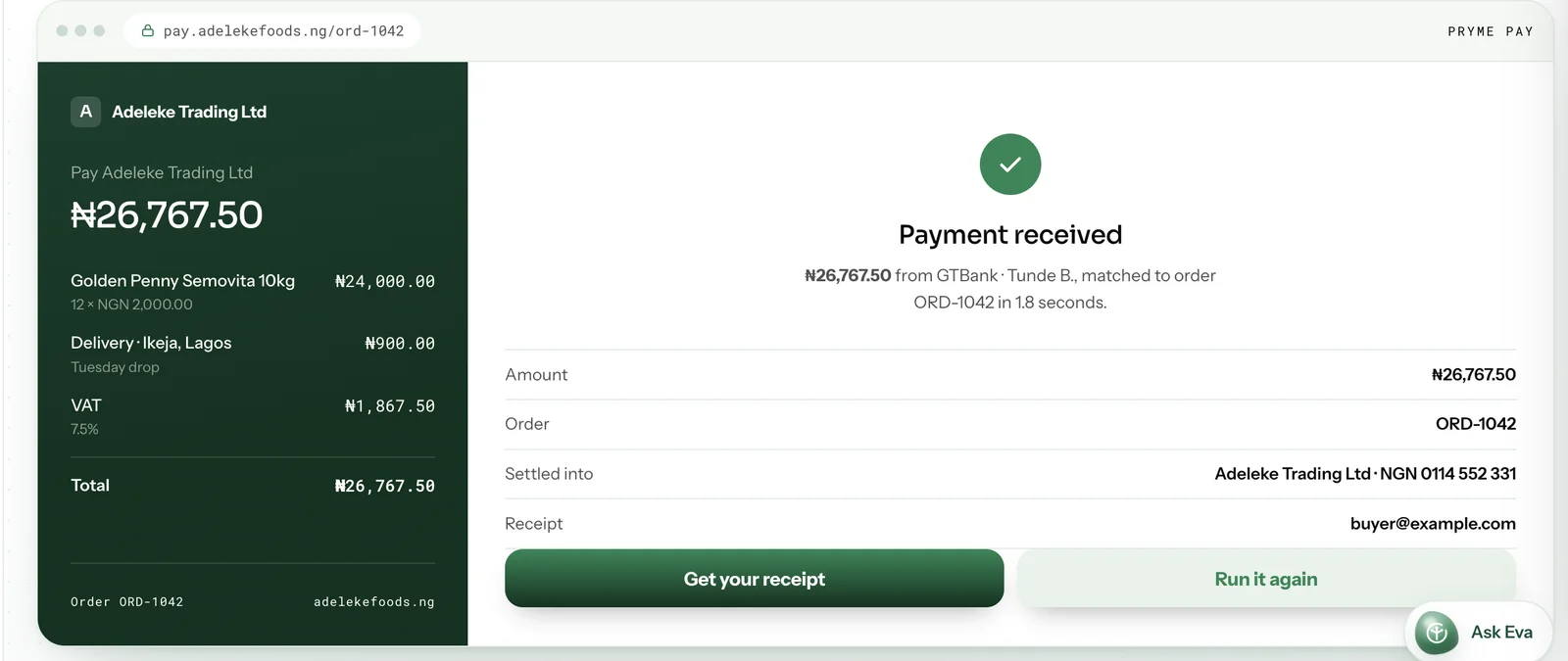 The Checkout agent in the Pryme Business workspace, on the received register