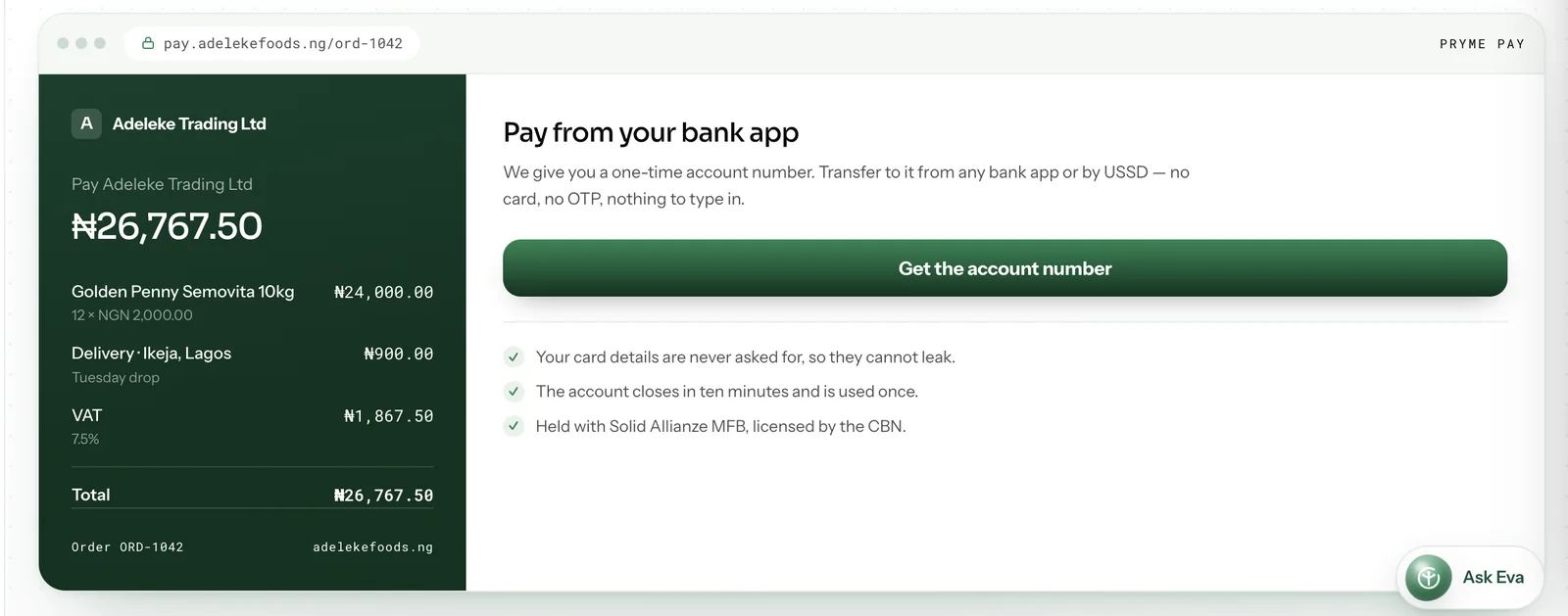 The Checkout agent in the Pryme Business workspace, on the pay register