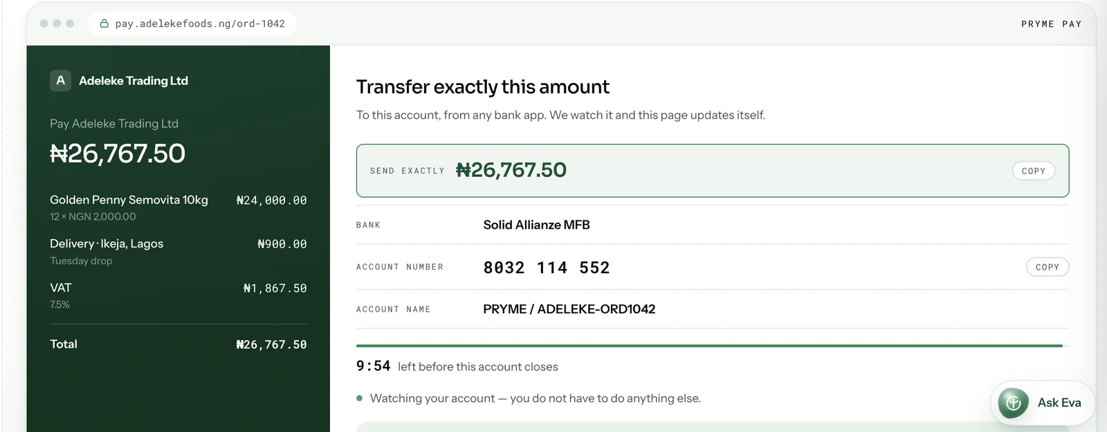 The Checkout agent in the Pryme Business workspace, on the transfer register
