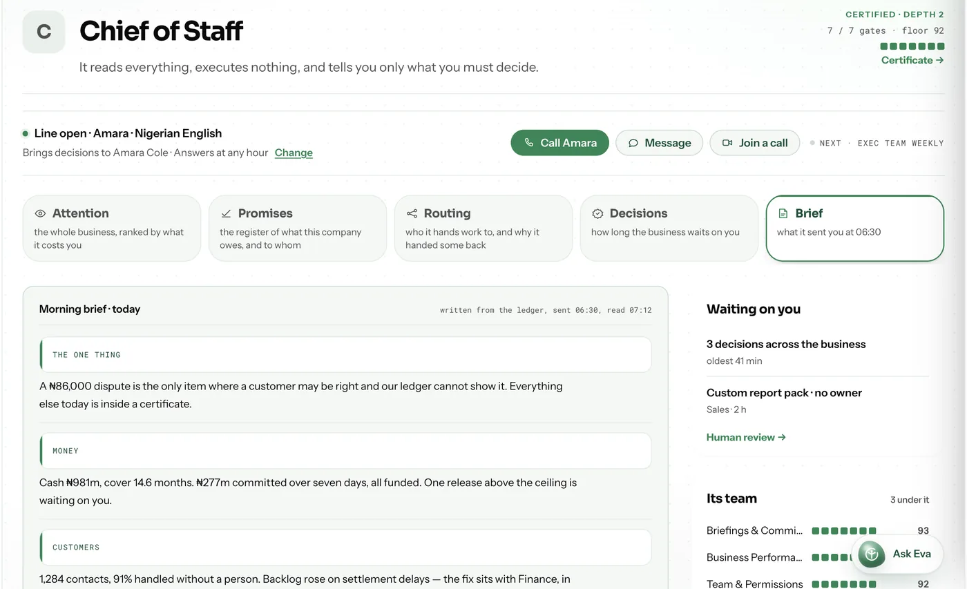 The Chief of Staff agent in the Pryme Business workspace, on the brief register
