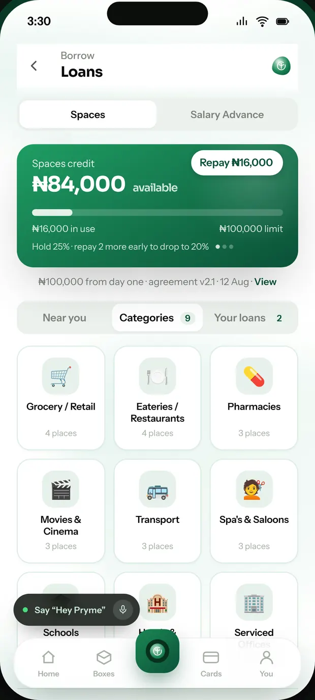 The Pryme app, on the spaces credit screen