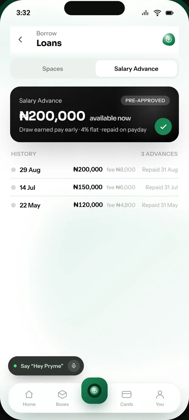 The Pryme app, on the salary advance screen