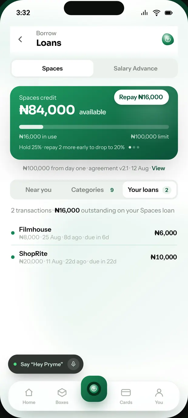 The Pryme app, on the everything you owe screen