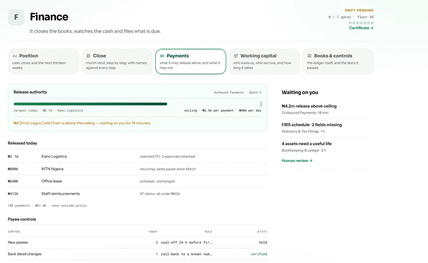 The Finance agent in the Pryme Business workspace, on the payments register