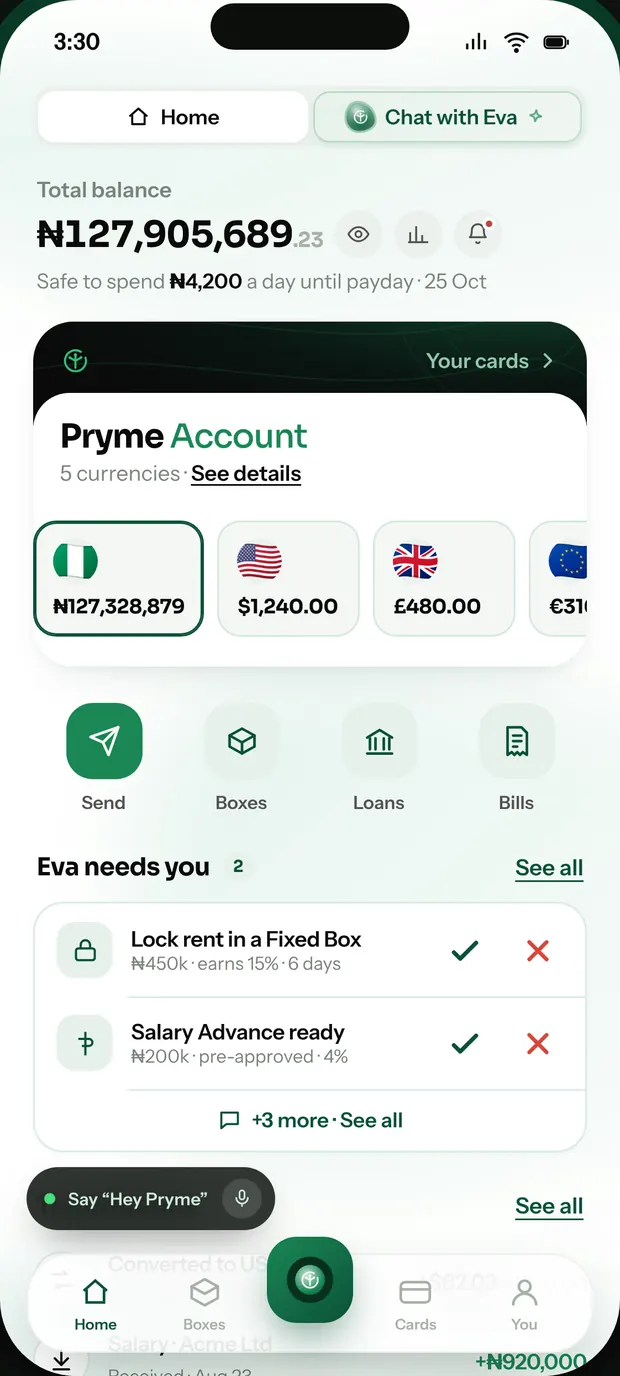 The Pryme app, on the home screen