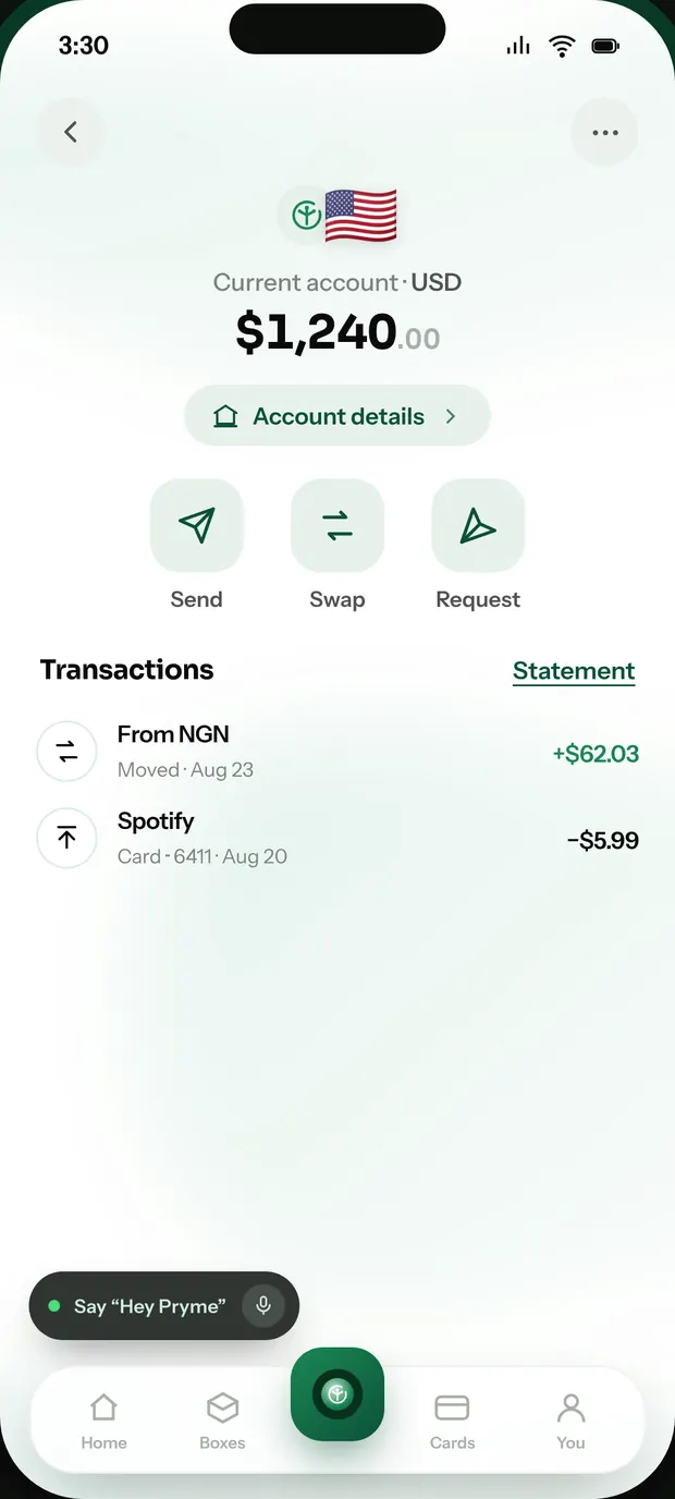 The Pryme app, on the a balance screen