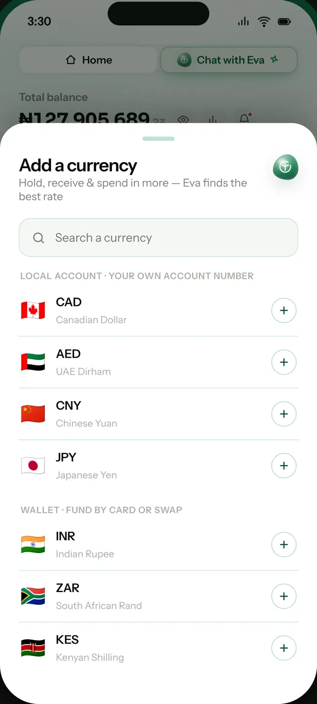The Pryme app, on the add a currency screen