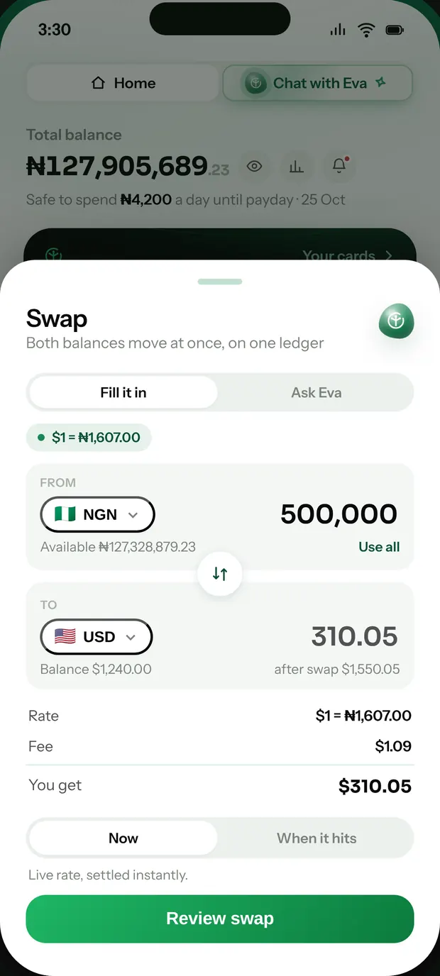 The Pryme app, on the swap now screen