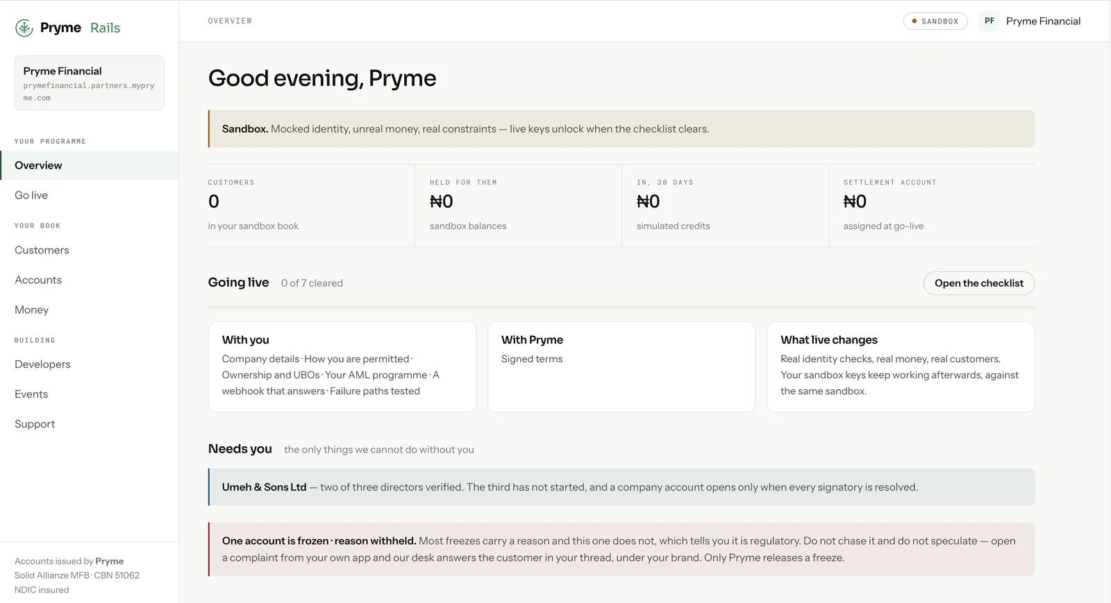The Pryme Rails agent in the Pryme Business workspace, on the the console register